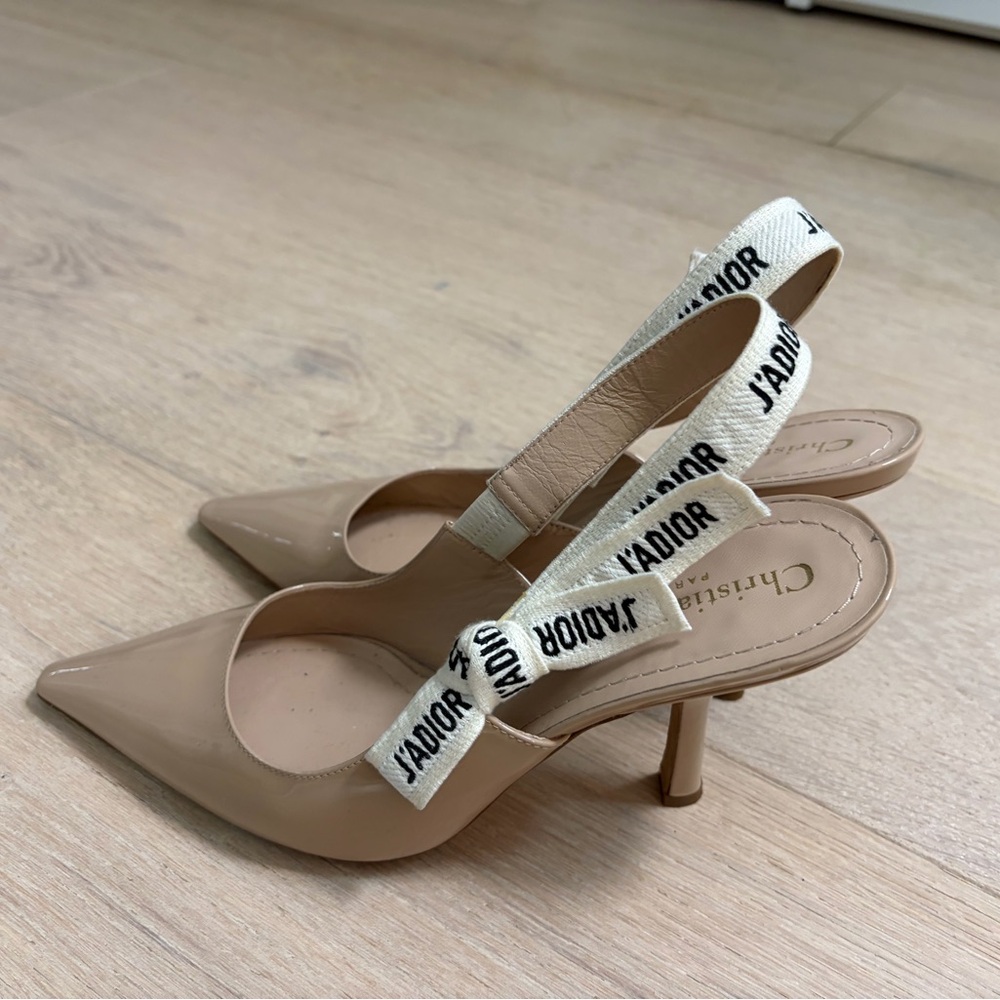 Dior Beige Patent Leather Slingback Pumps with J'ADIOR Strap